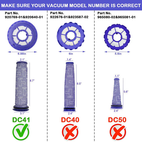Size guide for Two Pack Post And Pre Filter Set For Dyson Ball Vacuum Models DC41 DC65 DC66 UP13 UP20 with filter measurements.