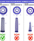 Replacement Vacuum Filter Kit For Dyson DC41 DC65 DC66 UP Series Vacuums showing compatible filter dimensions and part numbers.