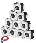 Ten NEMA 17 bipolar stepper motors with 4-lead cables; silver front faces, black housings, stacked pyramid arrangement