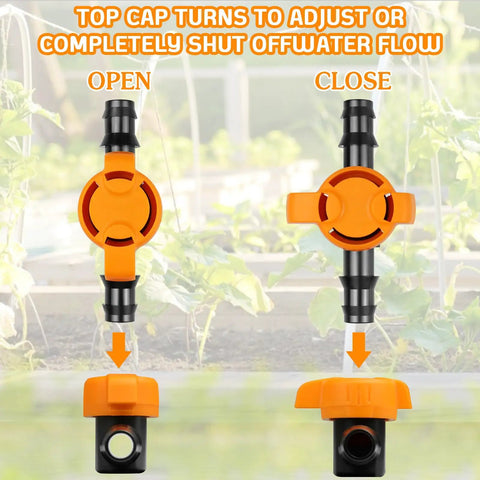 12 Pack Drip Irrigation Barbed Shut Off Valves For 1/2 Inch Tubing Fits 1/2 And 5/8 Inch Drip Tubing, open and closed position shown.