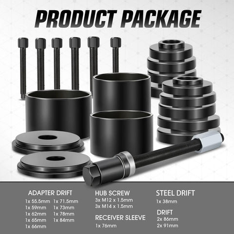 19 Piece Front Wheel Bearing Press Kit With Bearing Puller Tools, including hub screws, adapter drifts, and receiver sleeve in storage case.