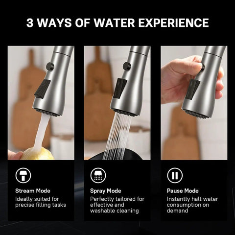 High Arc Brushed Nickel Kitchen Faucet With Pull Down Sprayer, Single Handle Tulip Design, 3 Way Spray Settings shown