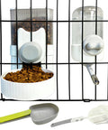 Premium Gravity Feeder And Water Dispenser Set Keeps Your Fur Babies Fed And Hydrated Automatic Small Pet Food Bowl And Station for rabbits, guinea pigs, chinchillas, puppies featuring a food tray and water bottle.