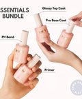 Hands holding bottles of the Gel Nail Foundation System Set With PH Bond, Primer, Base Coat And No Wipe Glossy Top Coat, 4x15ml.