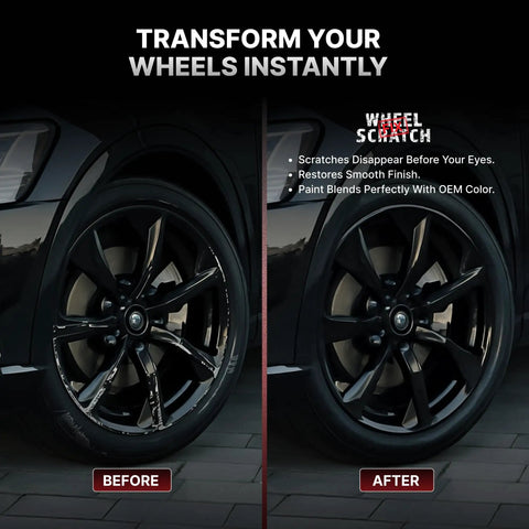 Before and after using Matte Black Rim Touch Up Paint And Wheel Scratch Repair Kit showing restored alloy wheel finish.