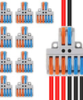 10Pcs 2 In 6 Out Lever Wire Connector Kit featuring multiple connectors and wires attached, flame retardant and corrosion resistant.