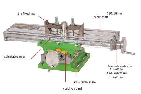 Heavy Duty Milling Machine Work Table Cross Slide for Bench Drill, showing adjustable X Y axis and scale features