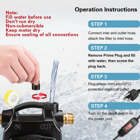 Instructions and installation steps for Cast Iron Portable Electric Water Transfer Pump 120 Volt Half HP Workhorse