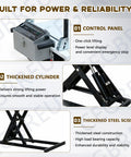 Image of Electric Hydraulic Lift Table Cart Featuring Plug And Play One Touch Operation With Slick Retractable Scissor Frame, showing control panel and cylinder.