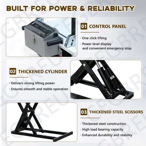 Image of Electric Hydraulic Lift Table Cart Featuring Plug And Play One Touch Operation With Slick Retractable Scissor Frame, showing control panel and cylinder.