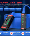 All In One Ethernet Cable Tester For LAN And Telephone Lines RJ45 RJ11 Cables From CAT5 Through CAT7 Quick Continuity Short Open Wire Miswire And Shield Status Detection Great For Home Repair And DIY Tech Pros, black plastic with blue cable