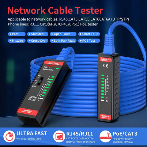 All In One Ethernet Cable Tester For LAN And Telephone Lines RJ45 RJ11 Cables From CAT5 Through CAT7 Quick Continuity Short Open Wire Miswire And Shield Status Detection Great For Home Repair And DIY Tech Pros, black plastic with blue cable