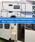 Universal RV Fresh Water Tank Drain Valve Replacement For 3/8 Or 1/2 Inch Hose Barb displayed on camper and travel trailer