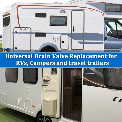Low Point Drain Valve Replacement For RV Fresh Water Tank shown in RV exterior images for campers and trailers.