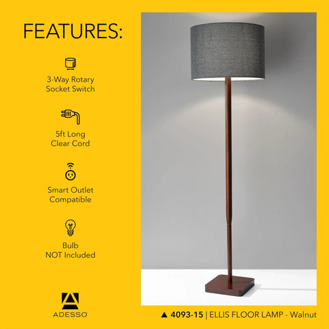 Walnut Rubberwood Floor Lamp With Grey Fabric Drum Shade 58.5 Inch Tall 3 Way Adjustable Brightness for Bedroom and Living Room
