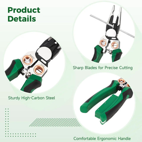 Heavy-Duty 8-in-1 Wire Stripper Pliers By Carbon Steel Electrician Cutting And Crimping Tool With Electrical Testing Function, showcasing sharp blades and ergonomic handle.