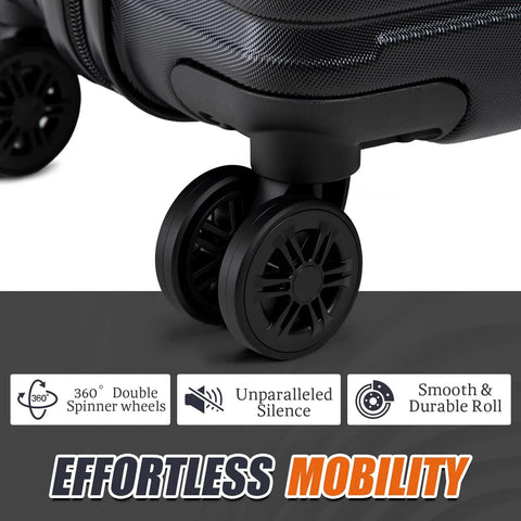 Cosbarn 5-piece ABS hard-shell luggage set, close-up of black spinner wheels