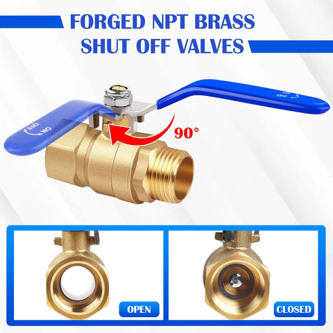 Full Port Three Quarter Inch Beefy Brass Ball Valve 2 Pack, heavy-duty design, blue handle, NPT Male to Female Full Flow, open and closed views