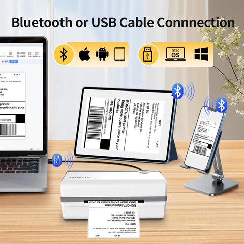 Bluetooth Thermal Shipping Label Printer For 4x6 Labels, Wireless Sticker Printer For Shipping Packages, No Fuss Setup With iPhone And Android, Plug And Play Bluetooth, Compatible With Amazon Shopify Etsy UPS shown with laptop, tablet, and phone