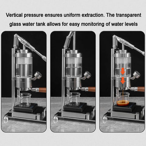 Top Shelf Manual Lever Espresso Maker Built From Heavy Duty 304 Stainless Steel demonstration with glass water tank and espresso extraction.