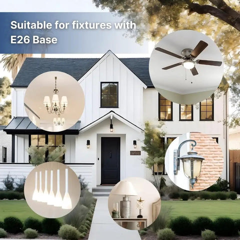 Image showing various fixtures suitable for 12 Pack A19 LED Light Bulbs, 9W Daylight 5000K, 60W Equivalent, E26 Base applications.