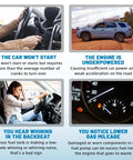 Collage of images and text explaining symptoms of fuel pump issues including car not starting, underpowered engine, noise, and low gas mileage.