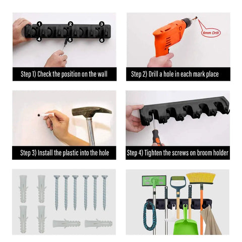 Installation steps for heavy duty mop and broom holder wall mount tool organizer, showing steel rack with five positions and six hooks