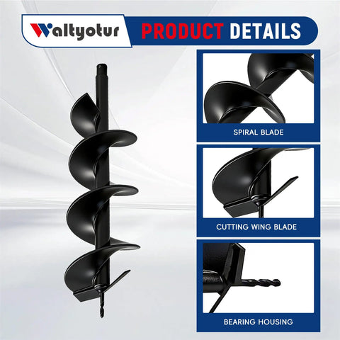 Earth Auger Drill Bit 8 Inch Diameter By 31 Inch Length Spiral Garden Hole Digger With details of spiral, cutting wing, and bearing