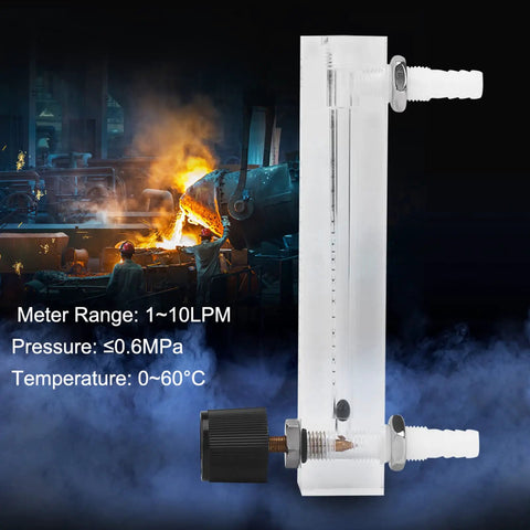Oxygen Air Gas Flow Meter with Control Valve 1-10 LPM, acrylic body, shown with hose barb connection, durable, for lab and industrial use.