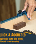 Close-up of Precision 3 Inch T Track Fence Flip Stop For Woodworking Hella Accurate Quick Lock Design adjusting on T track.