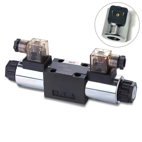 Amazon hydraulic solenoid valve with dual coils, 4-way, size-6 NG6, 3-position, 4 ports, 12V DC