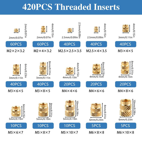 Must Have 420 Pcs Brass Heat Set Threaded Inserts Kit For Plastic M2 To M6 Knurled Nut Inserts Multi Size Assortment