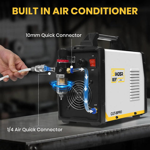 Side view of Beast 50 Amp Plasma Cutter With Pilot Arc And Dual Voltage 110V And 220V Workhorse showing built-in air conditioner.