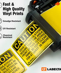 Top Notch White Vinyl Label Rolls For Thermal Transfer Printers, 4 X 150 Ft Adhesive Refill Compatible With Industrial Label Makers, Badass UV And Chemical Resistant Supply in use, showing caution labels being printed.