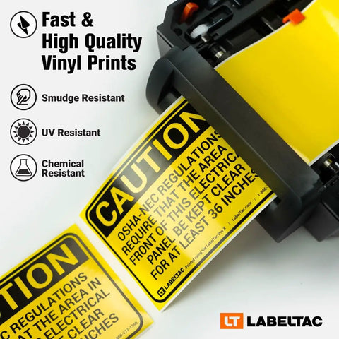 Top Notch White Vinyl Label Rolls For Thermal Transfer Printers, 4 X 150 Ft Adhesive Refill Compatible With Industrial Label Makers, Badass UV And Chemical Resistant Supply in use, showing caution labels being printed.