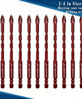 Front view of Larouoba 10-piece red 1/4-inch serrated eccentric masonry drill bit set, 6mm