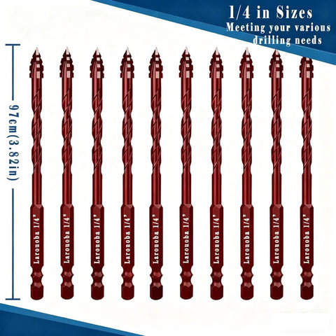 Front view of Larouoba 10-piece red 1/4-inch serrated eccentric masonry drill bit set, 6mm