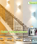 VOOOV 7.9 Inch White LED Wall Sconce Includes 5CCT Dimmable Lighting showcasing various color temperatures by a staircase.