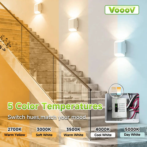 VOOOV 7.9 Inch White LED Wall Sconce Includes 5CCT Dimmable Lighting showcasing various color temperatures by a staircase.