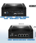 Beefy Fanless Mini PC Powered By The Snappy Intel Celeron J6413 Chip Coupled With Four Rock Solid 2.5GbE Ports For Seamless Opnsense Routing, Loaded With 32Gb Ram And 512Gb Nvme Storage, Homelab Ready, showing ports and dimensions.