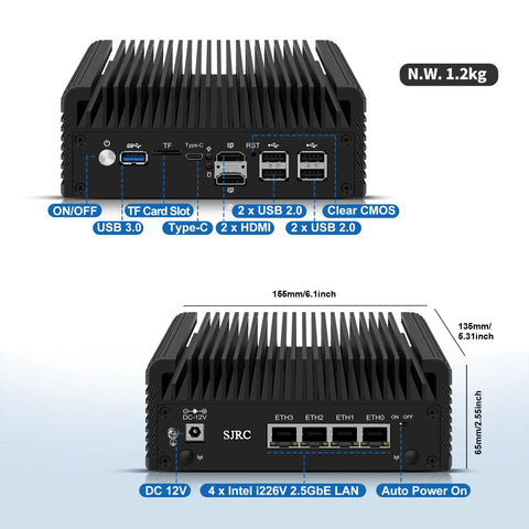 Beefy Fanless Mini PC Powered By The Snappy Intel Celeron J6413 Chip Coupled With Four Rock Solid 2.5GbE Ports For Seamless Opnsense Routing, Loaded With 32Gb Ram And 512Gb Nvme Storage, Homelab Ready, showing ports and dimensions.