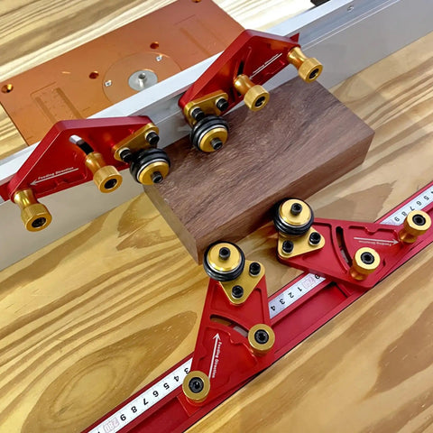 Adjustable Roller Featherboard For Table Saw Feeder With Polyurethane Grippy Wheels And Smooth Guide Rail Heavy Duty Woodworking Jig, showing components on wood.