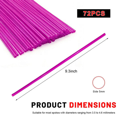 72 Piece Purple Bicycle Spoke Covers Dope Wheel Skins Fit 8 To 21 Inch Rims showing dimension and color detail
