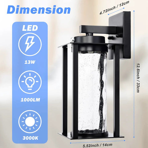 Dimension details of Dusk To Dawn Outdoor Porch Lights 2 Pack With Photocell Sensor Modern Glass Sconce Wall Mount 13W 3000K Warm White