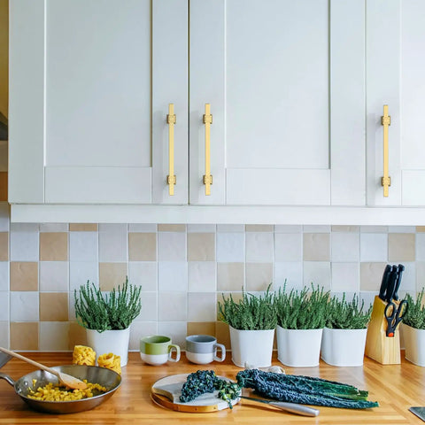 Slick 10 Pack Brushed Gold Kitchen Cabinet Handles 5 Inch Center To Hole Pulls For Wooden Drawers Cupboards Easy Mount on cabinets.