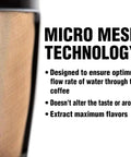 Closeup of the Reusable Gold Tone Mesh Coffee Filter for Keurig K Duo with micro mesh technology description text