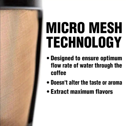 Closeup of the Reusable Gold Tone Mesh Coffee Filter for Keurig K Duo with micro mesh technology description text