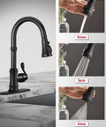 Matte Black Kitchen Faucet With Pull Down Sprayer, 3 Function Spray, Vintage Single Handle With Antique Brass Accent display