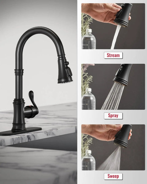 Matte Black Kitchen Faucet With Pull Down Sprayer, 3 Function Spray, Vintage Single Handle With Antique Brass Accent display