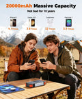 Couple charging phones outdoors with Solar Power Bank With Hand Crank And Four Cables 20000mAh Wireless Portable Charger With USB C 20W Fast Charging Built In Camping Light Your On The Go Emergency Power For iPhone Android And All Mobile Phones on wooden table near tent and mountains